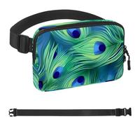 Green Blue Peacock Feathers Fanny Packs for Women Men, Crossbody Belt Bag with Zipper Pockets,Waterproof Waist Packs with Adjustable Strap for Workout Running Traveling Hiking, Multicolor, One Size