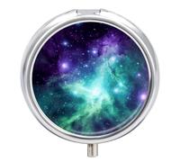 Green Blue Purple Galaxy Pill Box,3 Compartments Round Small Pills Case Moisture-Proof Portable Pill Container for Travel Vitamins Fish Oil Supplements