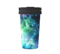 Green Blue Purple Galaxy Print Insulated Coffee Tumbler, 500ml Leakproof Stainless Steel Travel Mug, Double Walled, Hot & Cold Drinks - Perfect for Commuting, Office, Home