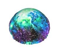 Green Blue Purple Galaxy Print Reusable Double Layers Shower Cap, Bathing Shower Caps Women Large Shower Caps