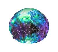 Green Blue Purple Galaxy Print Shower Cap - Reusable Bath Hair Cap, Double Layer, Adjustable Elastic Strap, Durable Travel Essential