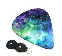 Green Blue Purple Galaxy Printed Guitar Picks, 6 Pack with Leather Keychain Pick Holder - 0.46mm, 0.71mm, 0.96mm Assorted Thickness for Acoustic Ukulele, Electric Guitar, Acoustic Guitar, Bass