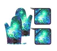 Green Blue Purple Galaxy Printed Kitchen Set with Heat Resistant Oven Mitts & Non-Slip Pot Holders for Baking Grilling