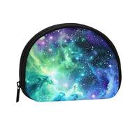 Green Blue Purple Galaxy Printed Mini Coin Pouch, Shell Shape Zip Around Wallet, Small Zipper Pouch for Cash, Cards, Keys, Lipstick, Storage Pouch, Travel Organizer