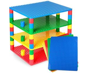 Green, Blue, Yellow, and Red Tower Organizer Set includes 48 Round Stackers and 4 Baseplates Compatible with LEGO DUPLO Baseplates | COmpatible with DUPLO Bricks Large Pegs Only - 16.25" x 13.75"