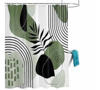 Green Bohemian Shower Curtain for Bathroom, Abstract Geometric Black Lines Leaves Waterproof Cloth Fabric Bathroom Accessories Set with 12 Rust Proof Plastic Hooks, 60” x 72”