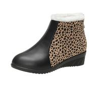 Green Boots for Women Velvet Leopard Print Snow Boots Soft Leather Flat Ankle Boots (Black, 6.5)