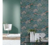 Rasch 711332 Non-Woven Wallpaper with Palm Trees and Palm Leaves in Blue, Green and Pink from The Sophia Collection - 10.05 m x 0.53 m (L x W)