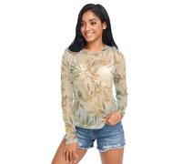 Green Branch Olive Seamless Pattern Women's See Through Crop Tops Long Sleeve Casual Mesh T Shirt, Green Branch Olive Seamless Pattern, L