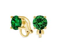 Green Brilliant Cut Solitaire Round Cubic Zirconia CZ Clip On Stud Earrings Simulated Emerald Gold Plated Brass