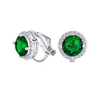 Green Brilliant Cut Solitaire Round Cubic Zirconia CZ Halo Clip On Stud Earrings Simulated Emerald Silver Plated Brass