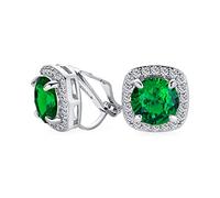 Green Brilliant Cut Solitaire Round Cubic Zirconia CZ Square Halo Clip On Stud Earrings Simulated Emerald Silver Plated Brass