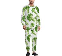 Green Broccoli Vegetable Soft Mens Pyjamas Set Loungewear Long Sleeve Round Neck Tops And Pants