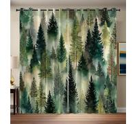 Green Brown Coniferous Forest 95% Blackout Curtains for Bedroom 2 Panels Watercolor Pine Trees Curtains for Living Room Grommet Thermal Insulated Room Darkening Window Drapes, 46.1 x 53.9 Inch