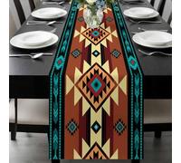 Green Brown Pattern Table Runner 13x108 Inches Long Retro Bohemian Square Abstract Geometric Cotton Linen Table Runner Burlap Style for Dinner Table Party Decor Tabletop Decorations