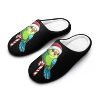 Green Budgie Santa Hat Candy Cane Slippers Women Winter Warm Cotton Hotel Slippers Anti-Slip Indoor Slip-Ons House Shoes 11-12（42-43）