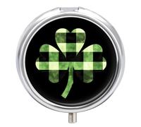 Green Buffalo Plaid Shamrock Pill Box Cute Metal Round Pill Case with 3 Compartments and Mirror for Vitamin Fish Oils