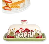 Green Butter Dish with Lid, Ceramic Butter Container Set with Tray, Cute Mushroom Butter Storage Dish Covered for Countertop Gifts Kitchen Serving Cooking Accessories, Green, 19 x 10 cm