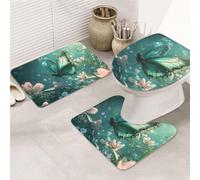 Green Butterfly Flower Bathroom Rugs Sets 3 Piece, Soft Absorbent Memory Foam Bath Mats And U Shaped Contour Toilet Rug, Home Decoration, Quick Dry