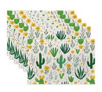Green Cactus Fabric Placemats, Yellow Flower Succulents Table Placemats Set of 6 Cloth Place Mats, Washable Heat-Resistant Table Mats for Home Kitchen Dining Room Decoration 11.8x17.7 Inch