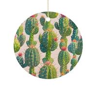 Green Cactus Pattern Ceramic Ornaments with Hanger Round Porcelain Ornaments Personalized Xmas Tree Keepsake Crafts Gift for Christmas and Thanksgiving Decoration