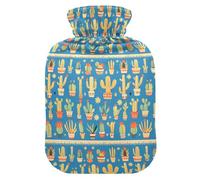 Green Cactus Pots Blue Cute Hot Water Bottle with Soft Cover, 1L Water Bottle Bag for Sore Muscle