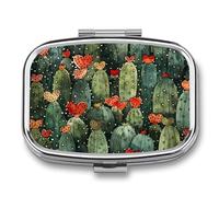Green Cactus Red Heart Pill Case Box with 2 Compartment Medicine Vitamin Organizer for Purse Pocket 5.5x4cm