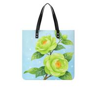 Green Camellia Flower Square PU Leather Tote Bag