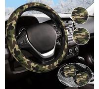 Green Camo Steering Wheel Cover Anti-Slip and Practical 14.5-15 Inch Universal Car Steering Wheel Cover with 2 Pieces Car Coasters Suitable for Men Women