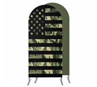 Green Camouflage American Flag Arch Backdrop Cover 6.6 FT,Spandex Wedding Arch Stand Covers Stretchy Backdrop,Wooden Grain Round Top Party Arched Background for Birthday Event Baby Shower Decor