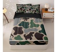 Green Camouflage Full Size Zipper Bedding Set,Army Camo Dinosaur Comforter Sets for Kids Bedroom Decor,Wildlife Animals Dino Bed Quilt,Rustic Cabin Farmhouse Room Decor 4 Pcs Bedding Set for Teens