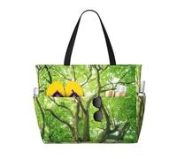 Green Camphor Tree Print Large Waterproof Beach Tote Bag for Women with Zip and Pockets Foldable Handbag for Travel Pool Shopping Holiday Gym