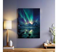 Green Canvas Wall Art Snowy Northern Lights Landscape Framed 60 x 40 cm Contemporary Print Poster Modern Artwork Ready to Hang for Corridor Hallway Flat