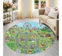 Green Cartoon City Round Rug, 100 cm Carpet for Kids Boys Girls | Soft Non-Slip Backing Carpet, Highway Ferris Wheel Tent Cars Map Machine Washable Rug for Nursery Playroom Classroom Bedroom