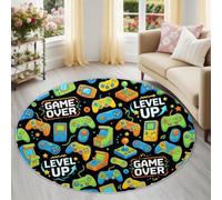 Green Cartoon Cool Round Rug, 100 cm Carpet for Kids Boys Girls | Soft Non-Slip Backing Carpet, Game Console Mosaic Stars Letters Machine Washable Rug for Nursery Playroom Classroom Bedroom