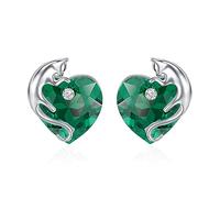 Green Cat Earrings 925 Sterling Silver Cute Kitty Studs Earrings with Emerald Green Heart May Birthstone Crystal, Cat Birthday Jewellery Gifts for Cat Lovers Women Girls
