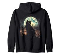 Green Cat Full Moon City Night Watcher Feline Zip Hoodie