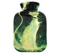 Green Cat Giclee Glow Flame Style hot Bottle Water Bag with Soft Cover, 1L Water Bag for Neck and Shoulder Pain Relief, Neck and Shoulder Pain Relief, Bolsa Caliente para Dolores musculares