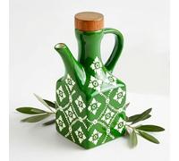 Green Ceramic Olive Oil Dispenser Bottle 8.5 oz - Decanter for Kitchen with Handle & Wooden Stopper, Decorative Oil and Vinegar Dispenser Set, Cooking Oil Container Cruet for Olive, Avocado, Vinegar