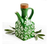 Green Ceramic Olive Oil Dispenser Bottle 8.5 oz - Decanter for Kitchen with Handle & Wooden Stopper, Decorative Oil and Vinegar Dispenser Set, Cooking Oil Container Cruet for Olive, Avocado, Vinegar