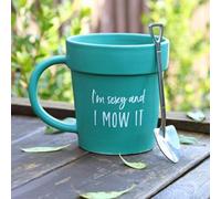 Green Ceramic Pot Mug And Shovel Spoon With Fun Text. Gift Idea. Height 10 Cm