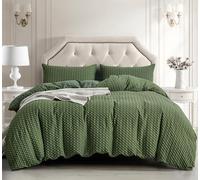 Green Checkered Bedding Set Waffle Seersucker Puckering Duvet Cover Set,2 Pillowcases and Zipper Closure,Soft Microfibre,King Size 220×230 cm