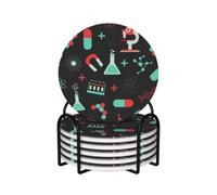 Green Chemistry And Science Patterns,Round Ceramic Coasters, Mugs Pad, Cups Mat Set of 6 Drinks Coasters With Holder