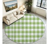 Green Chequered Squares Round Rug 60 cm, Minimalist Washable Floor Mat | Trendy Checkerboard Circle Carpet, Anti-Skid Low Pile Base, Stain Resistant Accent Rug for Student Dorm & Playroom