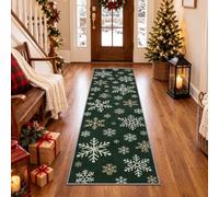 Green Christmas Snowflake Runner Rug 60x120cm, Gold White Long Carpet | Washable Non-Slip Low Pile Dark Forest Green Festive Floor Mat for Hallway Kitchen Entrance lounge