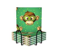 Green Clever Monkey Coasters Set of 6 Ceramic Coaster with Holder Absorbent Coasters for Drinks Heat Resistant Coffee Table Coasters Cup Pad for Kitchen Office Home Decoration