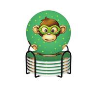 Green Clever Monkey Coasters Set of 6 Ceramic Coaster with Holder Absorbent Coasters for Drinks Heat Resistant Coffee Table Coasters Cup Pad for Kitchen Office Home Decoration