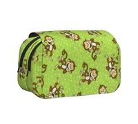 Green Clever Monkey Flip-Top Double-Layer Pencil Case,Large Capacity (Holds 50 Pens/Pencis),Full-Print Durable Polyester School Office Supplies