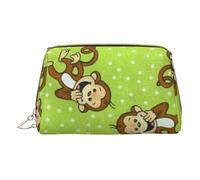 Green Clever Monkey Printed Leather Makeup Bag for Women Girls - Small Portable Travel Cosmetic Organiser Toiletry Bag