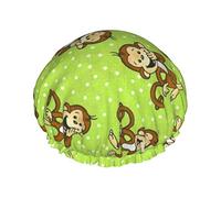 Green Clever Monkey Printed Shower Cap DoubleWaterproof Bath Cap with Elastic Band for Women